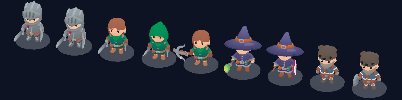 The people of the battle map: knights, rogues, rangers, mages and barbarians, each holding their own weapons.