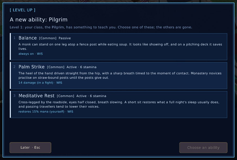 The System's level-up card: a new ability for a Pilgrim, three to choose from.