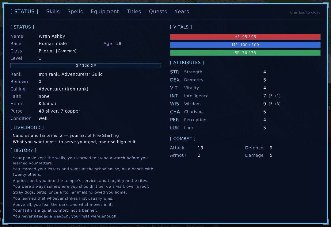 The System window: name, race, class, attributes, vitals and the character's history.